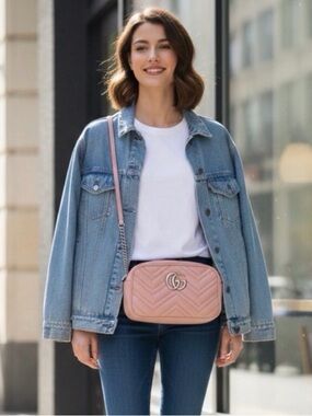 Gucci Pink Chevron Quilted Leather Camera Crossbody Bag with Double G
